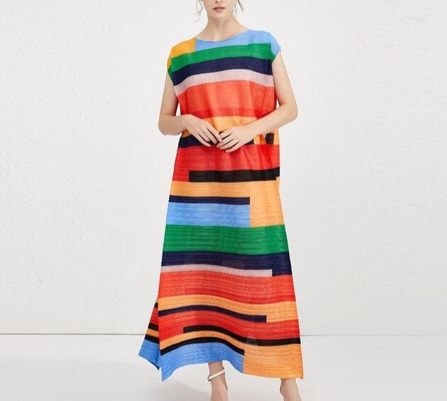 Stretch Pleated Striped Color Block Patchwork Sleeveless Loose Elegant Dress