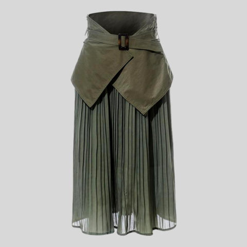 Black Drawstring Leather Solid Skirts Vintage Gathered Waist Midi Skirt