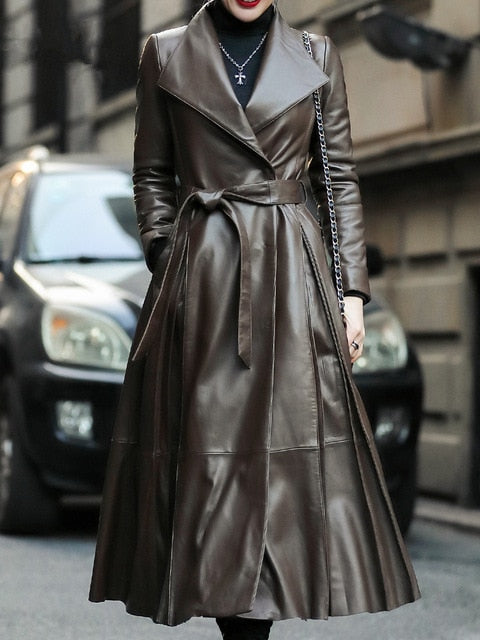 Genuine Leather Long Trench Coat