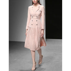 Runway  Slim Pleated Turn-down Collar Double-breasted Dress