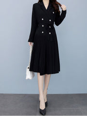 Runway  Slim Pleated Turn-down Collar Double-breasted Dress