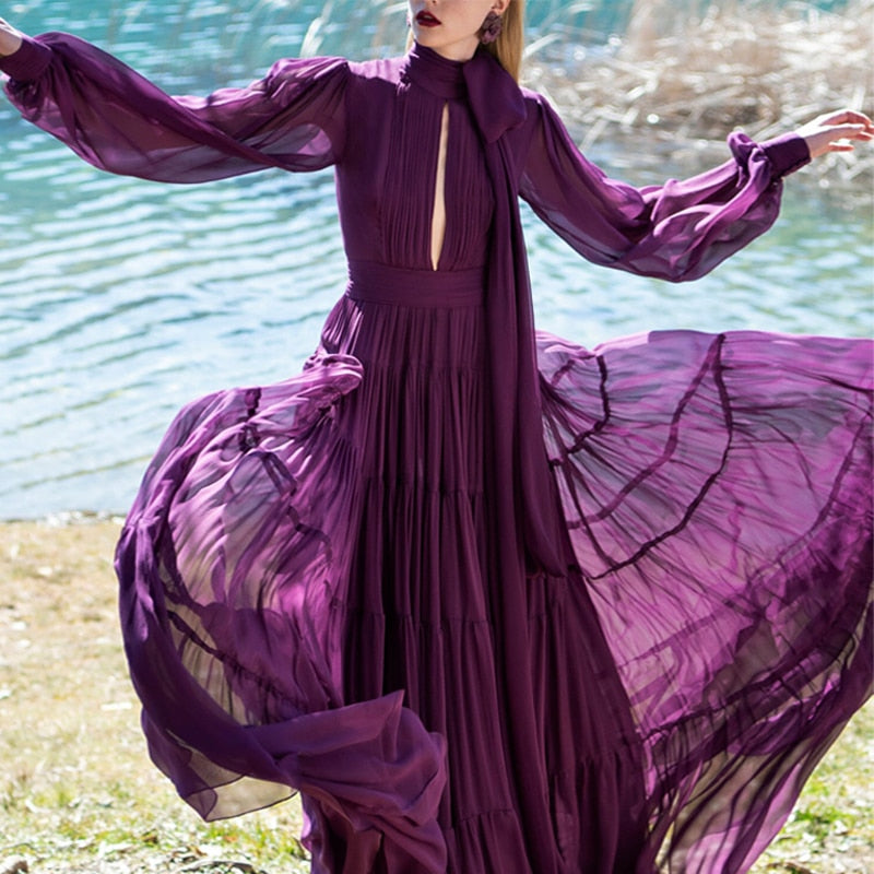 Vintage Purple Chiffon Elegant Bow Long Sleeve Pleated Maxi Dress Knot Bene Vintage Purple Chiffon Elegant Bow Long Sleeve Pleated Maxi Dress Knot Bene