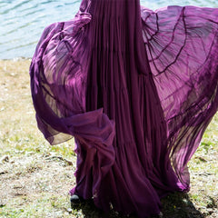 Vintage Purple Chiffon  Elegant Bow Long Sleeve Pleated Maxi Dress