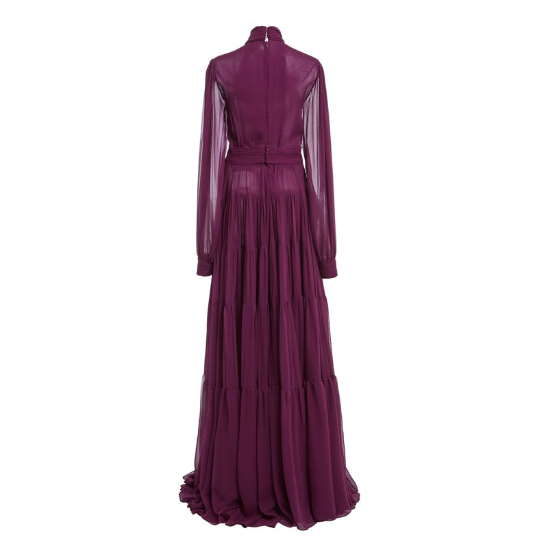 Vintage Purple Chiffon  Elegant Bow Long Sleeve Pleated Maxi Dress