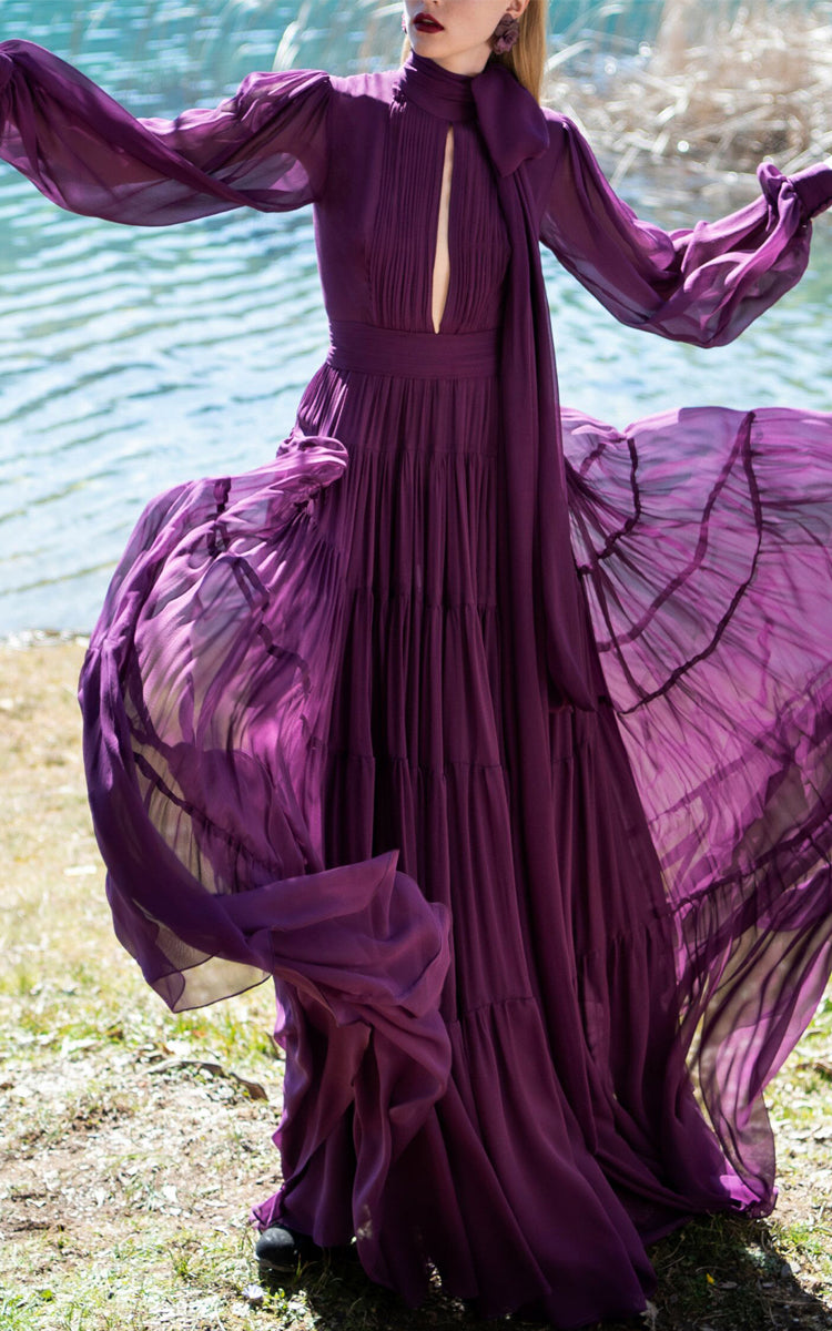 Vintage Purple Chiffon Elegant Bow Long Sleeve Pleated Maxi Dress Knot Bene Vintage Purple Chiffon Elegant Bow Long Sleeve Pleated Maxi Dress Knot Bene