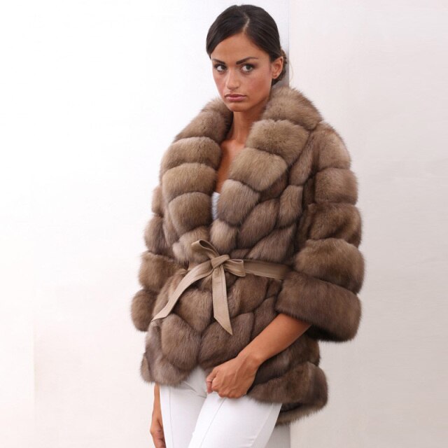 Genuine Fox Fur Jacket With Turn-down Collar Luxury Coat
