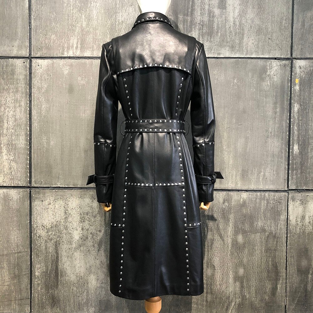 Rivet long leather trench coat