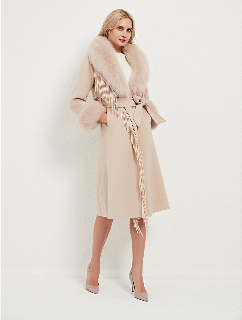 Wool Blends Fox Fur Collar Long Coat