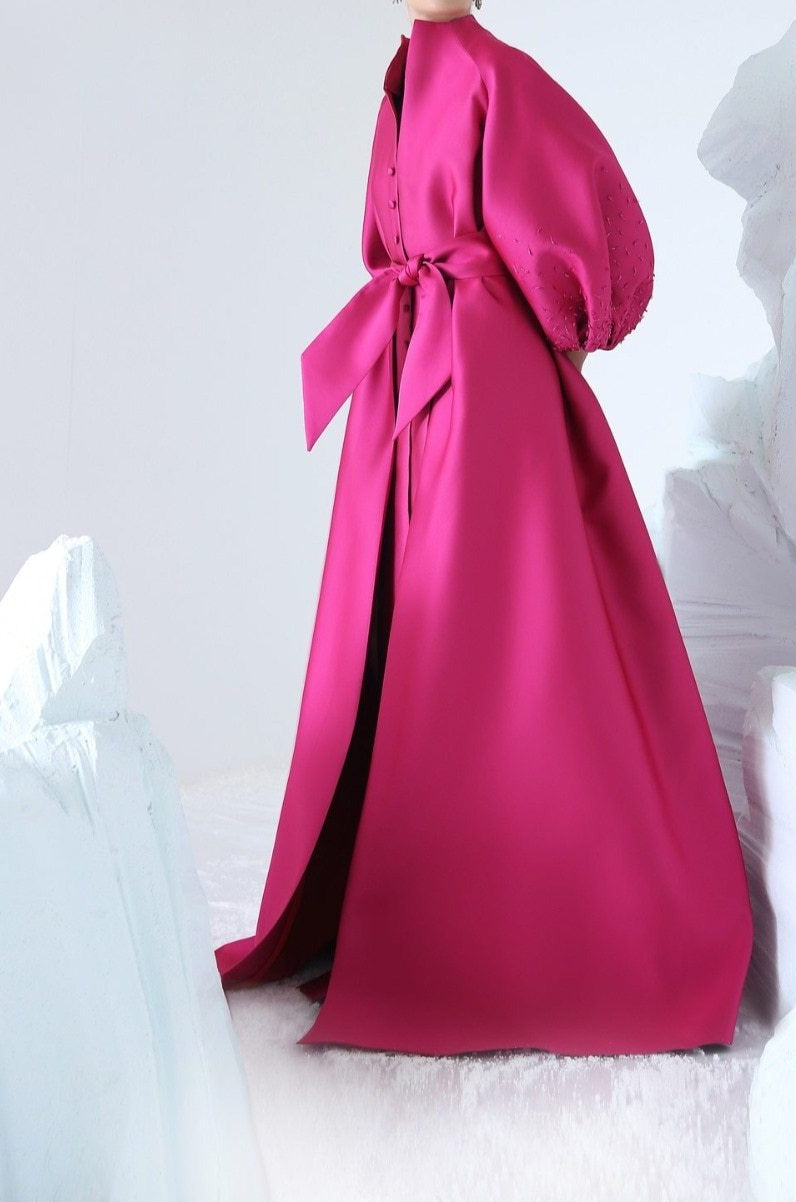 Flare Sleeves Pleated Fuchsia Formal Beading V Neck Dress