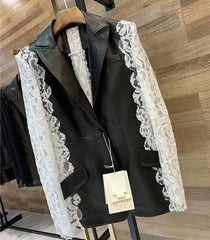 Lace Patchwork Long Sleeve V-neck Short  Genuine Leather  jacket