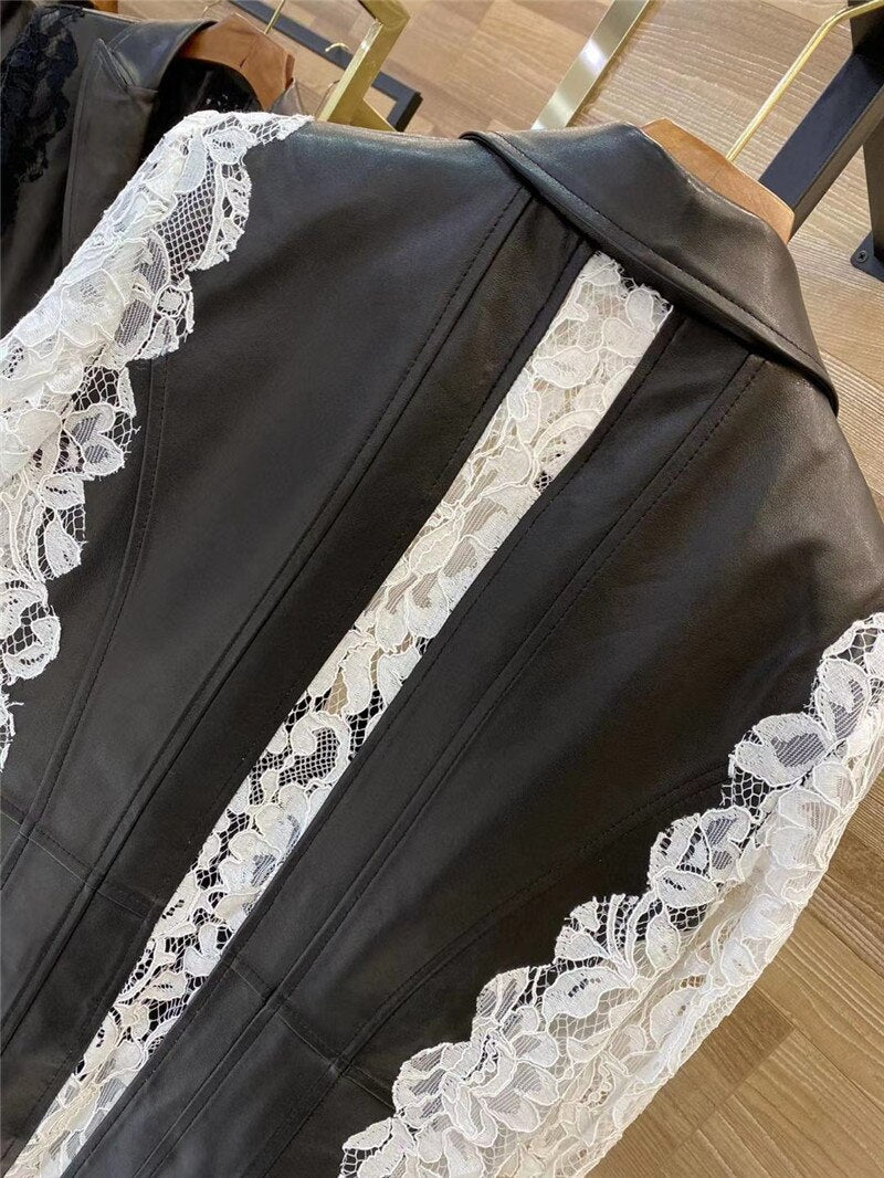 Lace Patchwork Long Sleeve V-neck Short  Genuine Leather  jacket