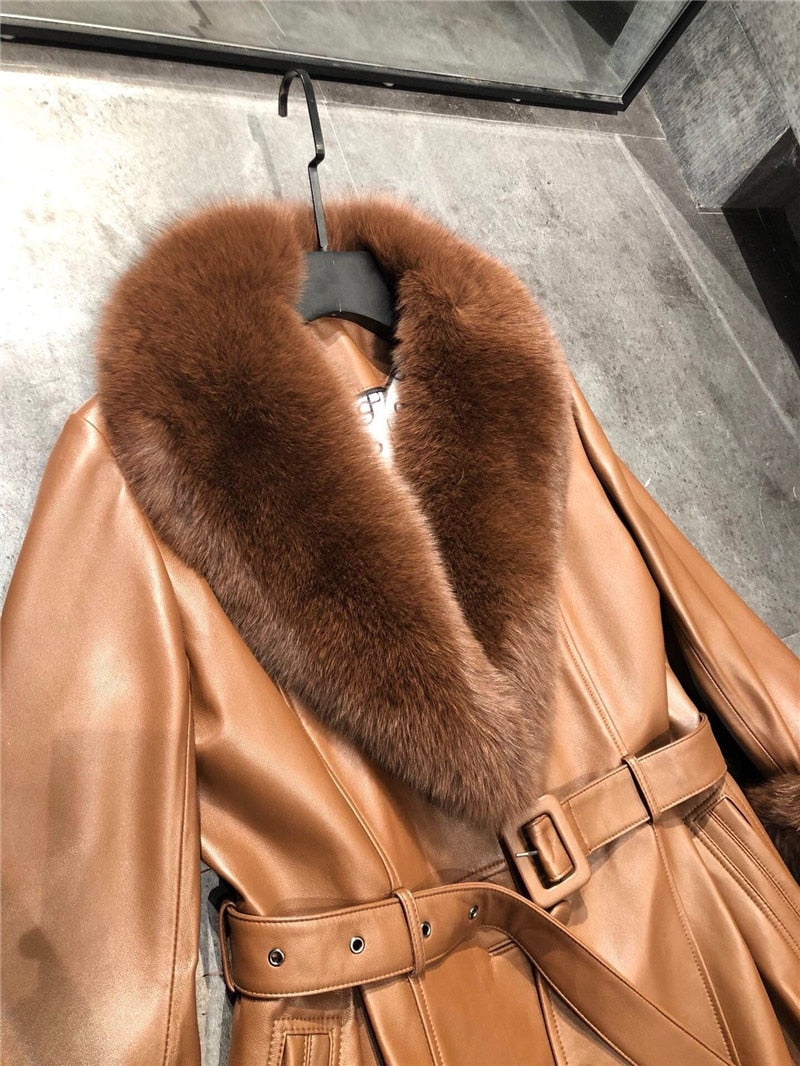 Genuine Fox Fur Collar and Cuffs Long Genuine Leather Jacket