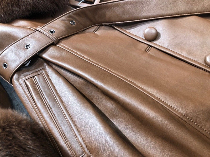 Genuine Fox Fur Collar and Cuffs Long Genuine Leather Jacket