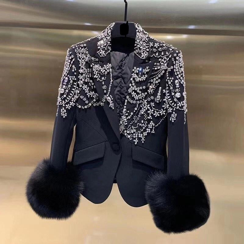 Handmade Beaded Big Fox Fur Sleeve Blazer  Coat