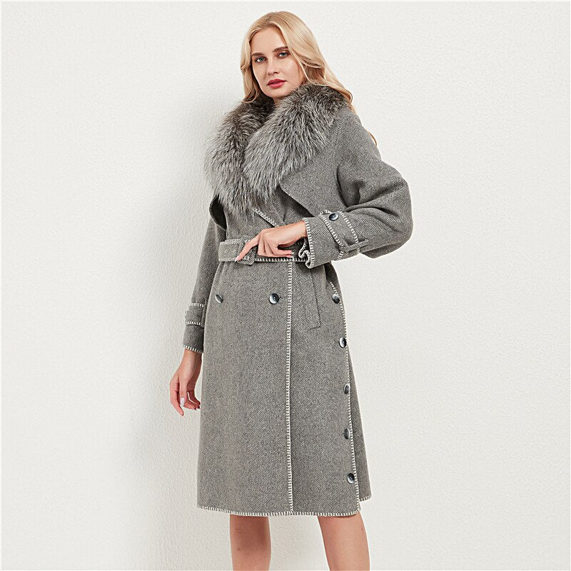 Genuine Fox Fur Wool Blends Fox Fur Collar Jacket