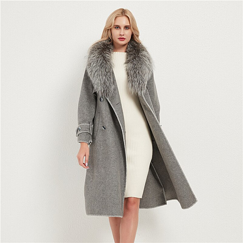 Genuine Fox Fur Wool Blends Fox Fur Collar Jacket