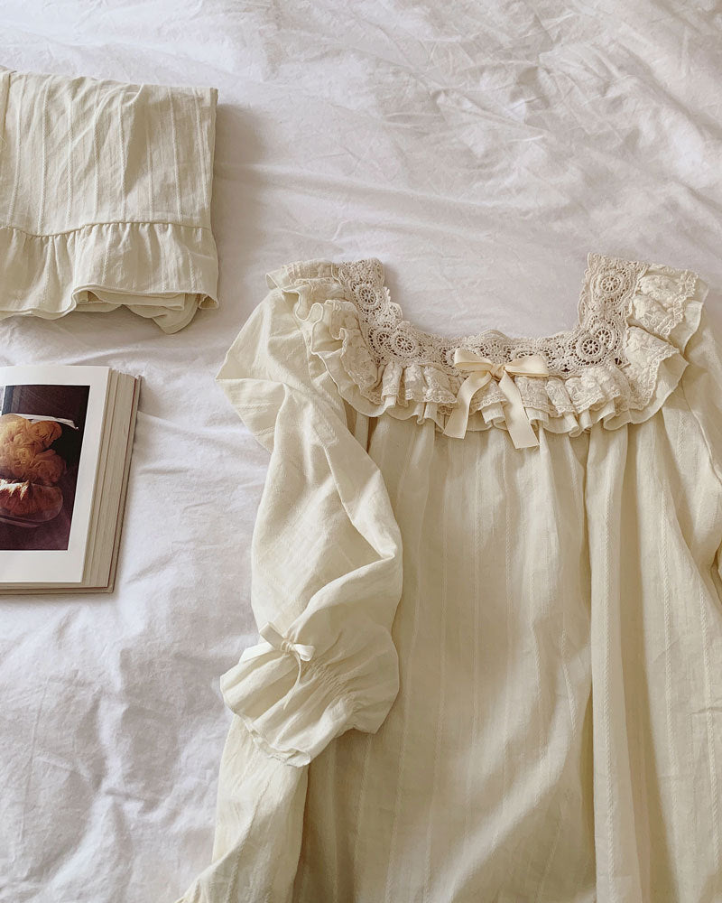 Long Sleeve  Vintage Lace Cotton Pajamas Set Sleepwear