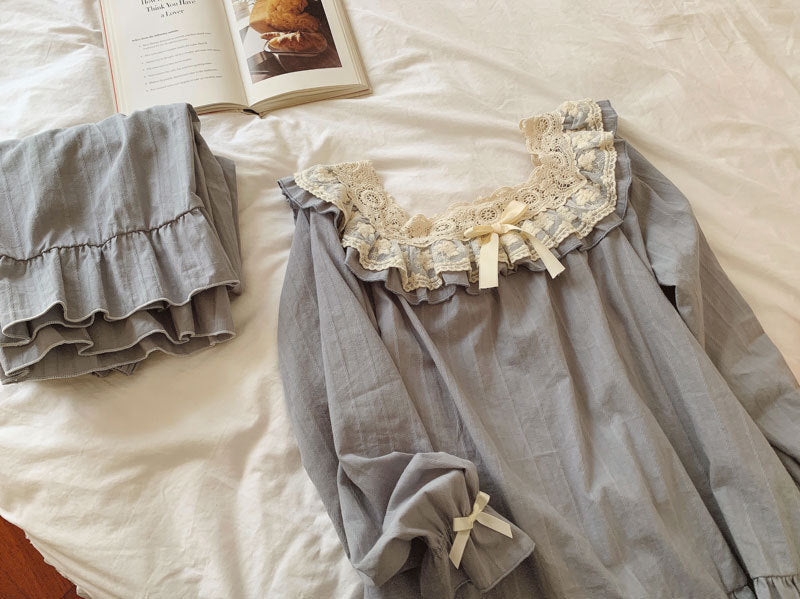 Long Sleeve  Vintage Lace Cotton Pajamas Set Sleepwear