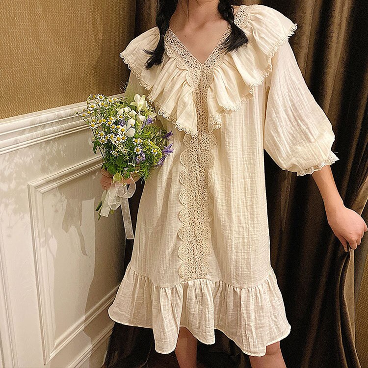 Loose Lace Cotton Gown White Green Sleepwear