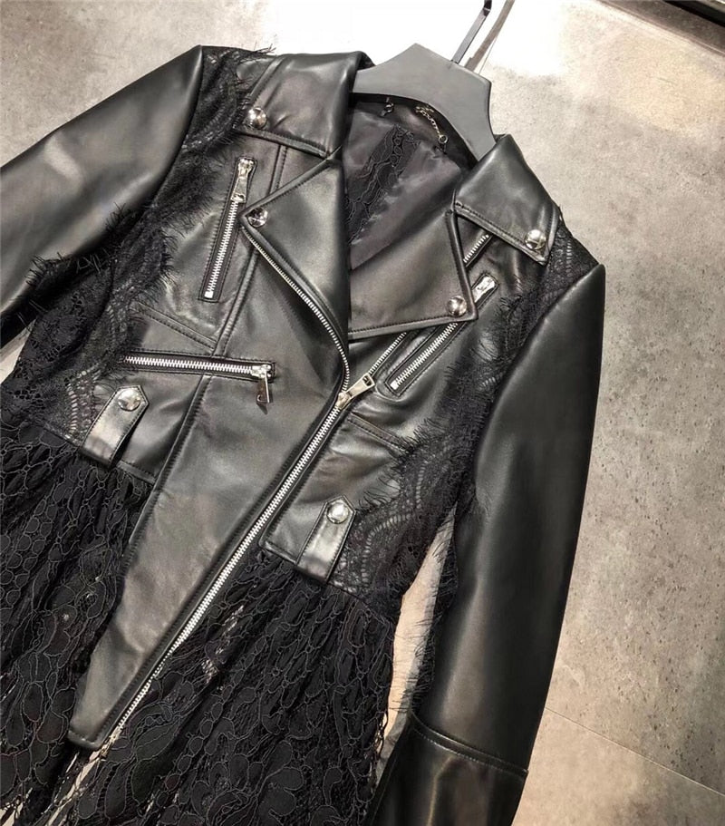 Genuine Leather Slim Lace Hem 100% Real Leather Coat