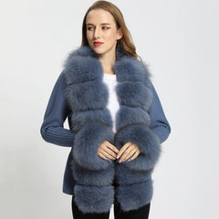 Real Fox Fur Knitting Sweater Long Sleeves Belt Wool Cardigan  Coat