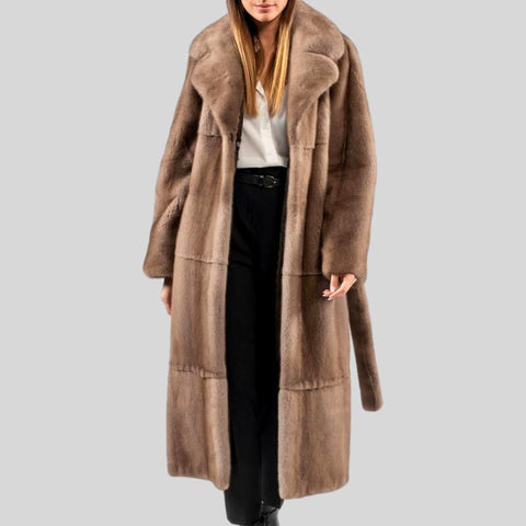 Genuine Mink Fur Long Sable Fur Collar Dark Grey Coat