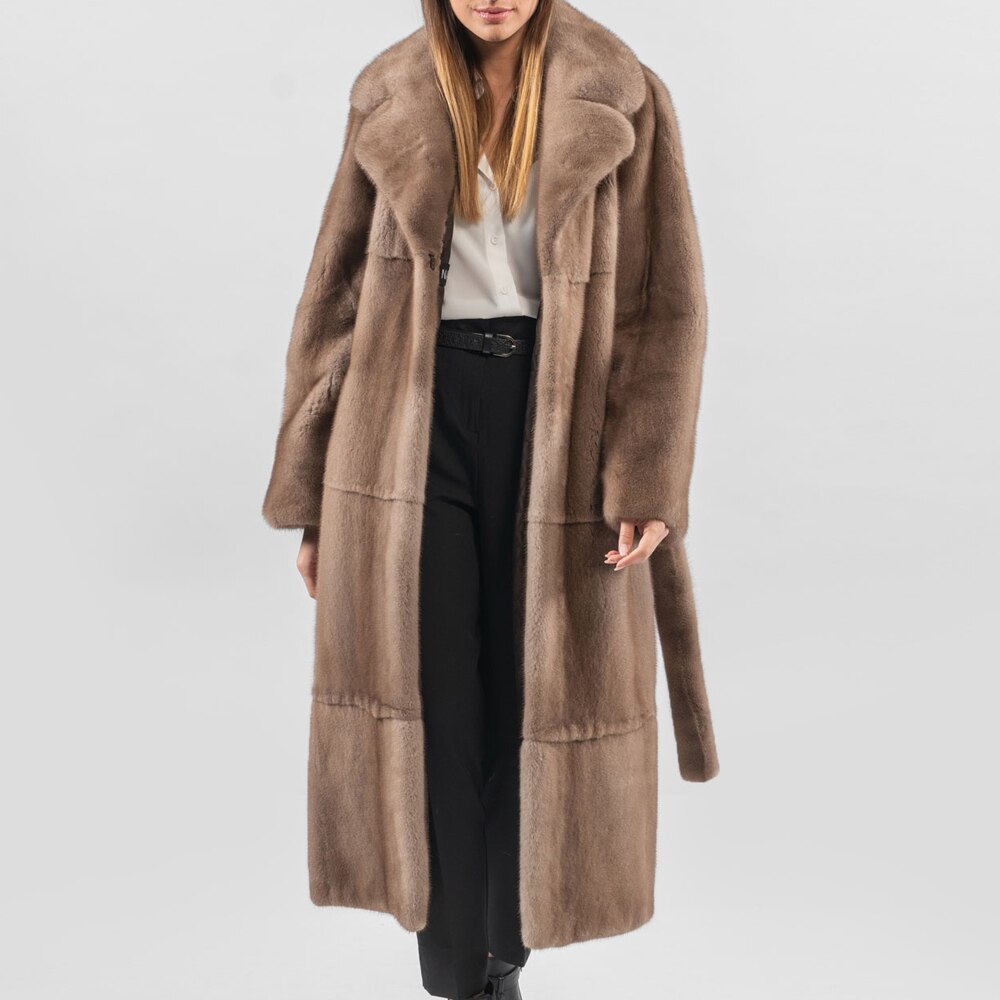 Long  Real Mink Fur Lapel Collar Fur Belt Coat