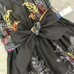 Short Sleeve V-Neck Flower Print Sashes Long Dress
