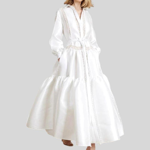 Square Collar Long Sleeve Solid Color High Waist Elegant Dress