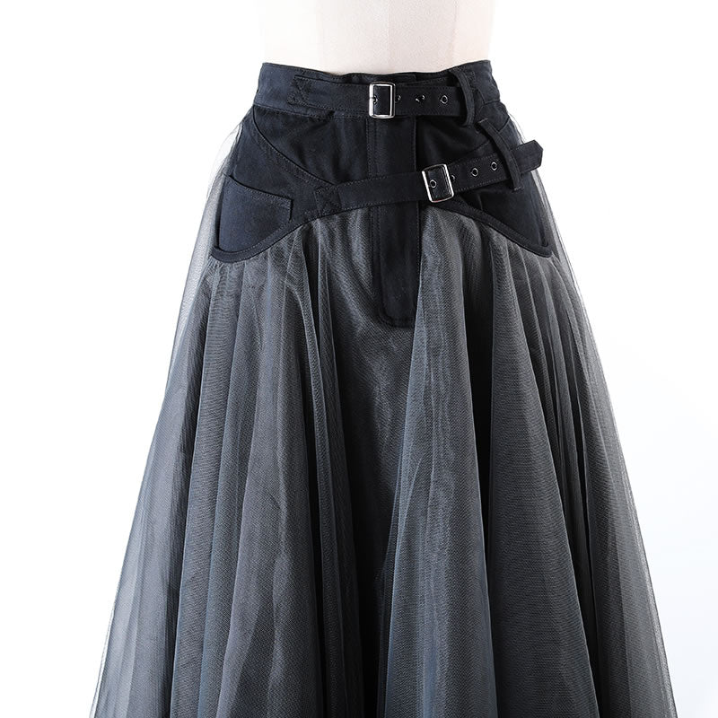 Patchwork Mesh Solid  Casual High Waist Skirt
