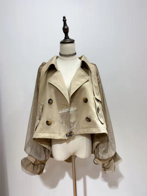 Double Breasted Mesh Patchwork Turn-down Collar Coat