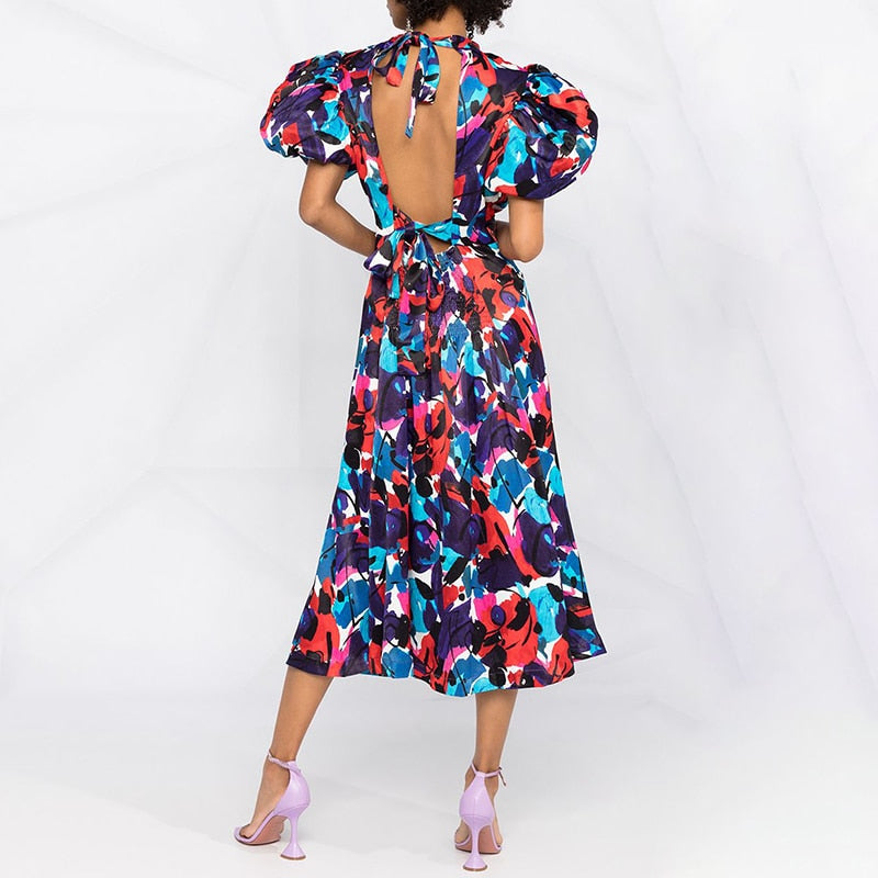 Vintage Backless Stand Collar Puff Sleeve High Waist Hit Color Midi Dress
