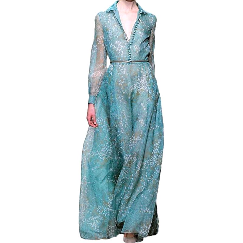 Vintage Long Sleeve Floral Printed Pleated Chiffon Maxi Dress