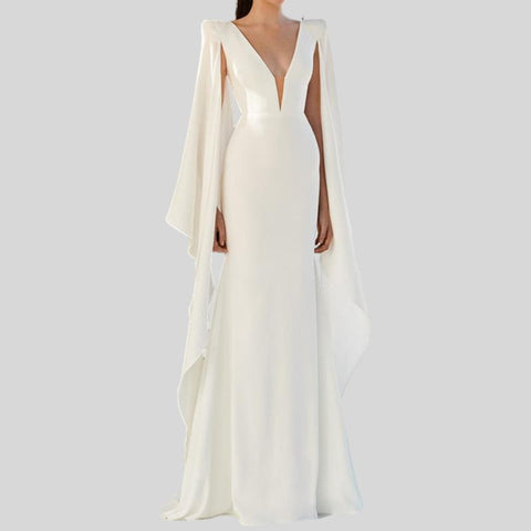 Elegant Shawl Long Sleeve Solid Color Dress