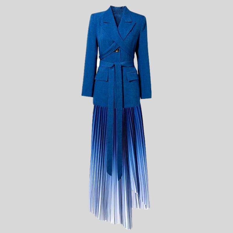 Luxury Spring Vintage Elegant Blazer Jacket Coat + Pleated Skirt Two Piece Suit Set