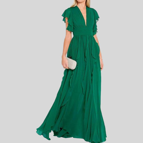 Elegant Pleated V-neck Sleeveless Tide Maxi Dress
