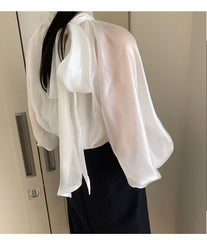 Long Lantern Sleeve Bowknot Silky Shirts