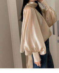 Long Lantern Sleeve Bowknot Silky Shirts