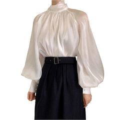 Long Lantern Sleeve Bowknot Silky Shirts