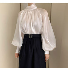 Long Lantern Sleeve Bowknot Silky Shirts