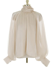 Long Lantern Sleeve Bowknot Silky Shirts