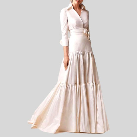 Royal V-neck  Ruffled Slim DressGreen Long Skirt  Dress