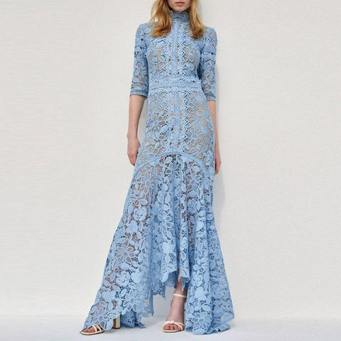 Black Floral Printed Lace Patchwork Long Lantern Sleeve Pleated Maxi Dress