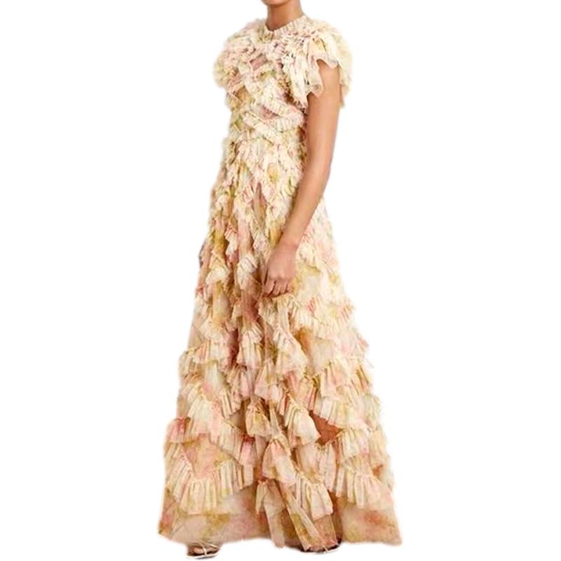Butterfly Sleeve  Mesh Floral Printed 3D Appliques Ruffles Long Dress