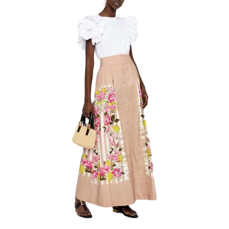 Cotton Skirt High Waist Flower Print Vintage Midi Skirt