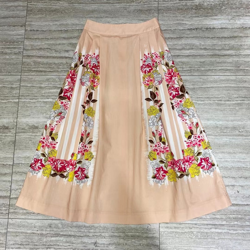 Cotton Skirt High Waist Flower Print Vintage Midi Skirt