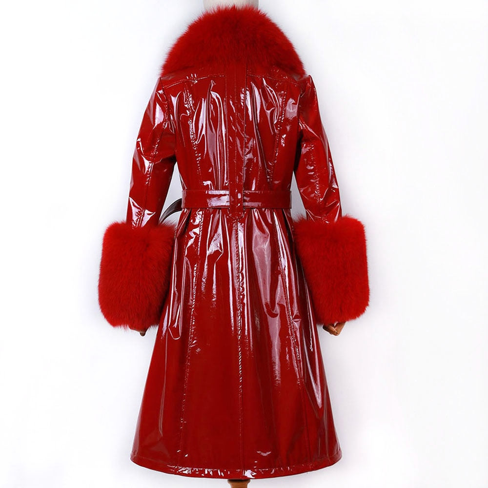 Plus Size  Real Fox Fur Collar Genuine Leather Trench Coat