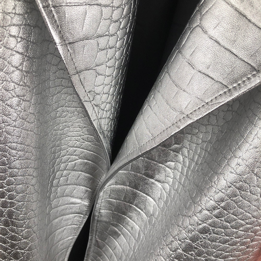 Oversized Real Fox Fur Sleeve Crocodile Pattern Genuine Leather Jacket