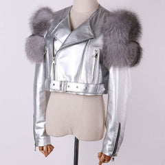 Shiny Leather Jacket Real Fox Fur Sleeve