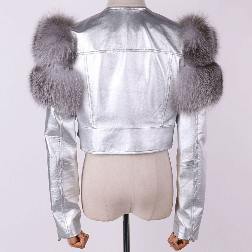 Shiny Leather Jacket Real Fox Fur Sleeve